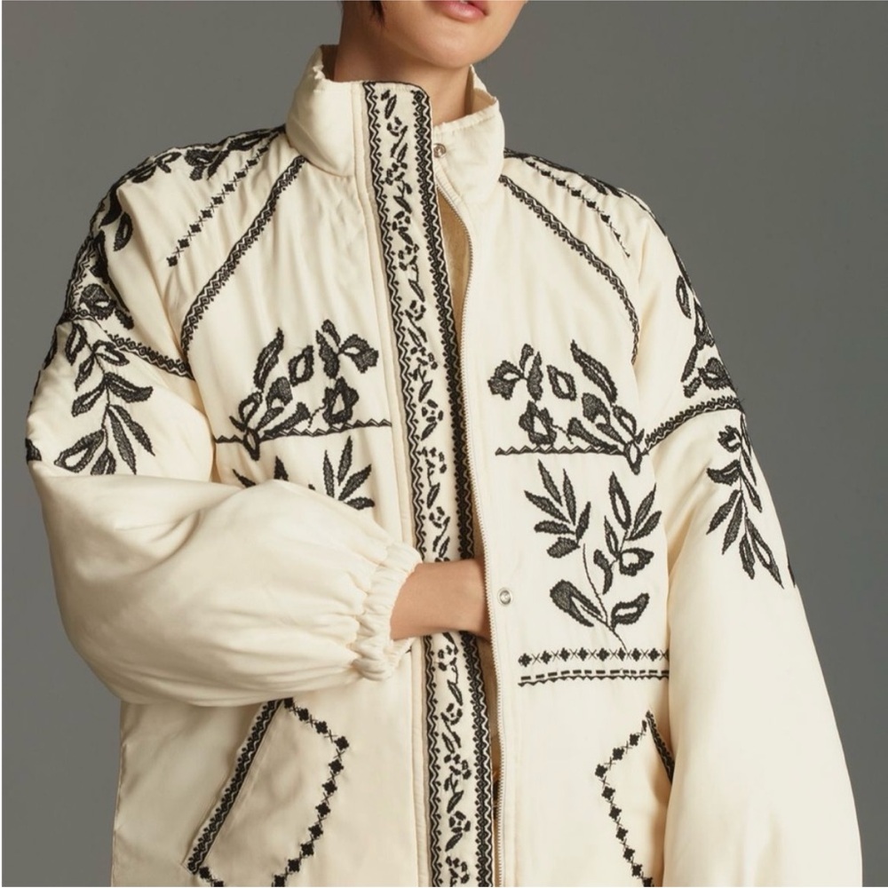 Anthropologie Embroidered Puffer Coat ivory and black jacket oversized XL - Picture 2 of 12
